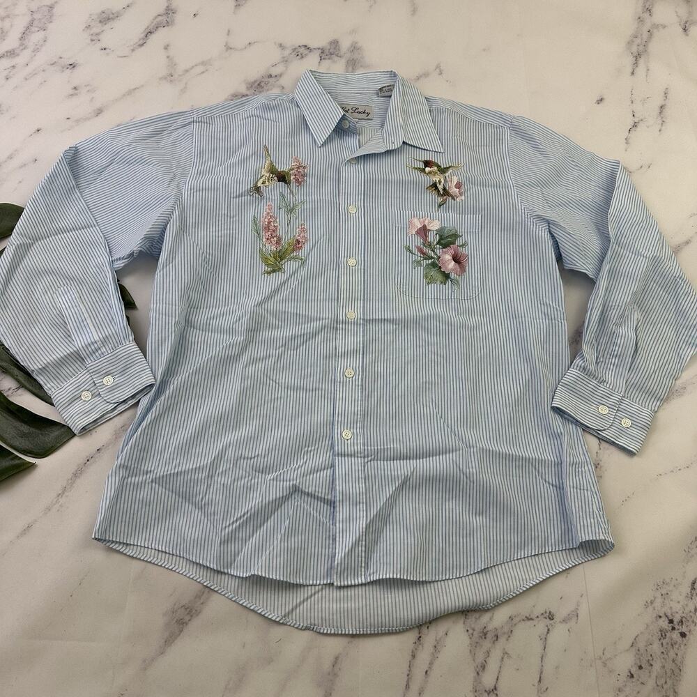 Get Lucky Womens Vintage 90s Applique Button Up Top Size L Blue Hummingbird Bird